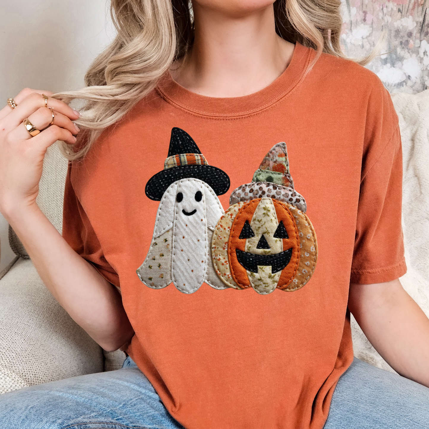 Faux Quilt Ghost/Pumpkin) Full Color DTF Transfer