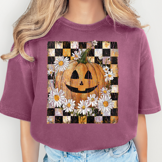Floral Pumpkin w/Checkered Background Full Color DTF Transfer