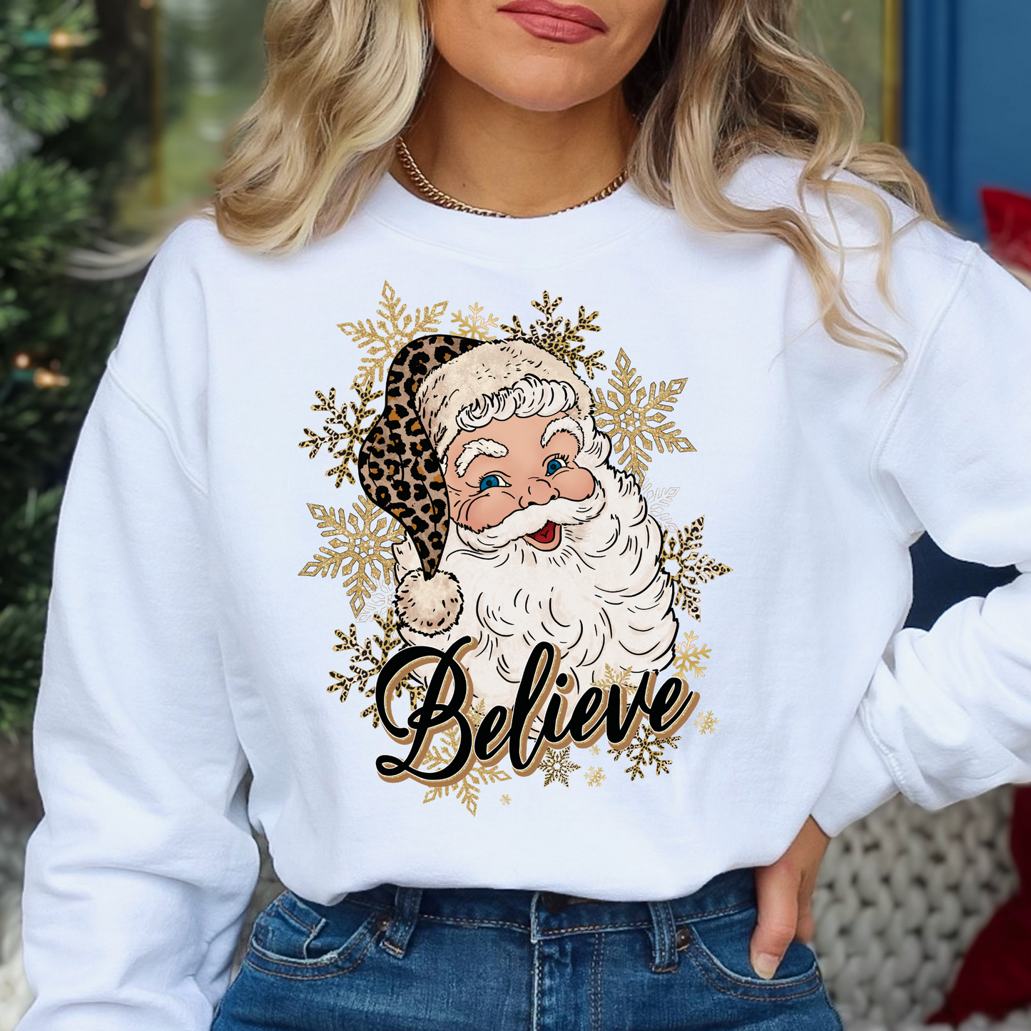 Believe (Leopard Hat Santa Faux Glitter)Full Color DTF Transfer