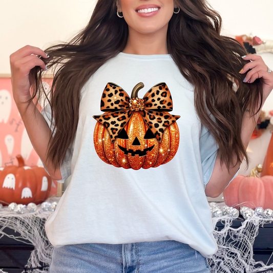 Faux Glitter Pumpkin w/Leopard Bow Full Color DTF Transfer