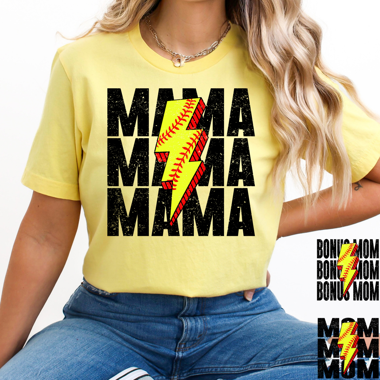 Mama (Bonus Mom - Mom Option) Softball Lighting Bolt Full Color DTF Transfer