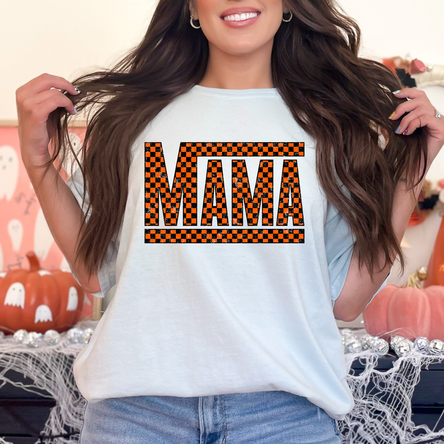 Mama Black/Orange Checkered Full Color DTF Transfer