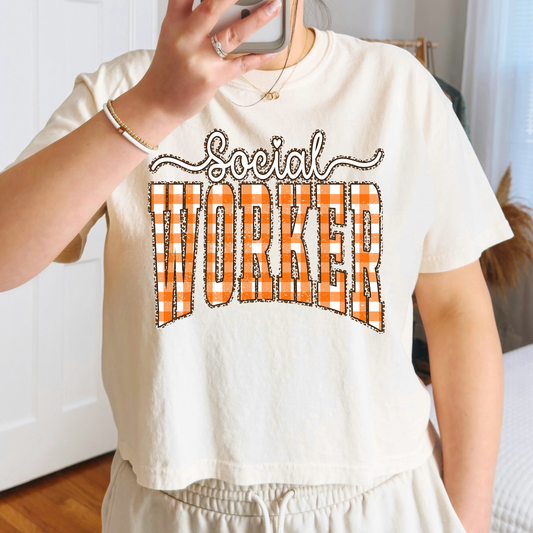 Social Worker (Orange Gingham) Full Color DTF Transfer
