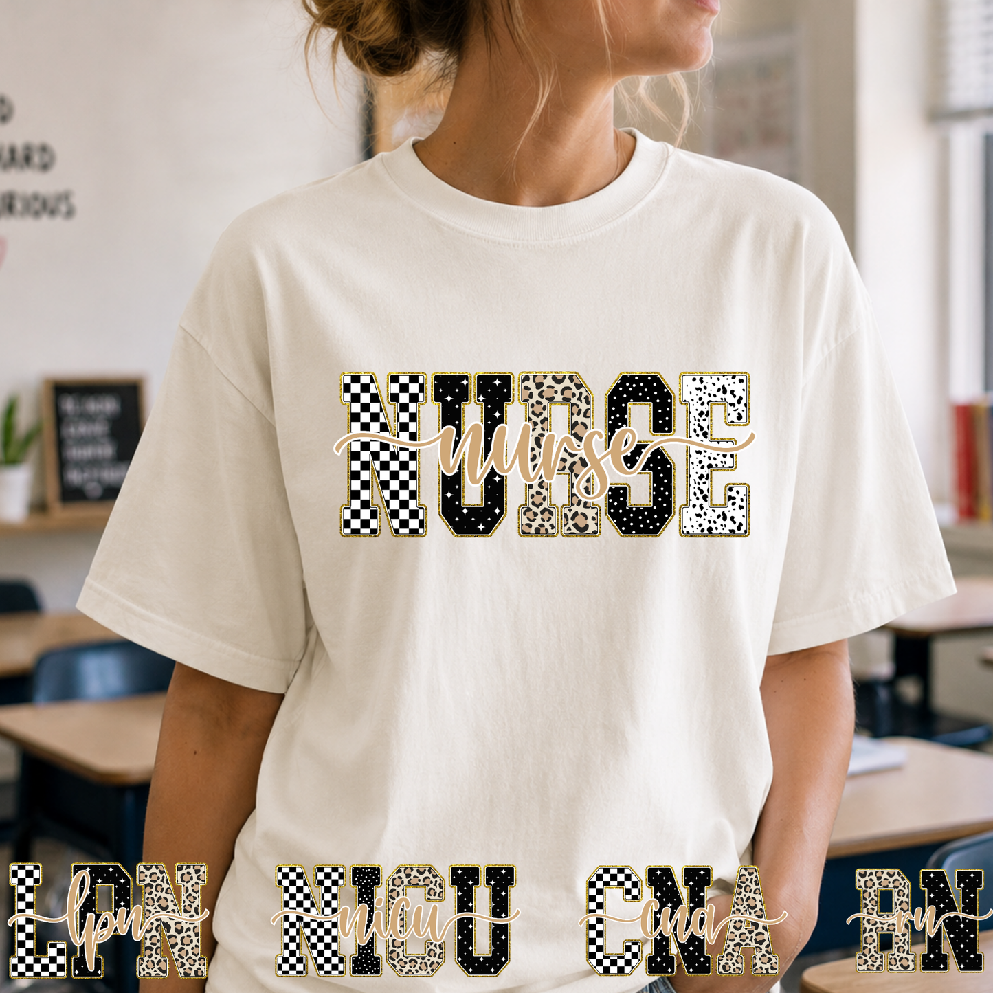 Nurse Black/Brown Color Patter Letters  (LPN - NICU - CNA - RN Option) Full Color DTF Transfer
