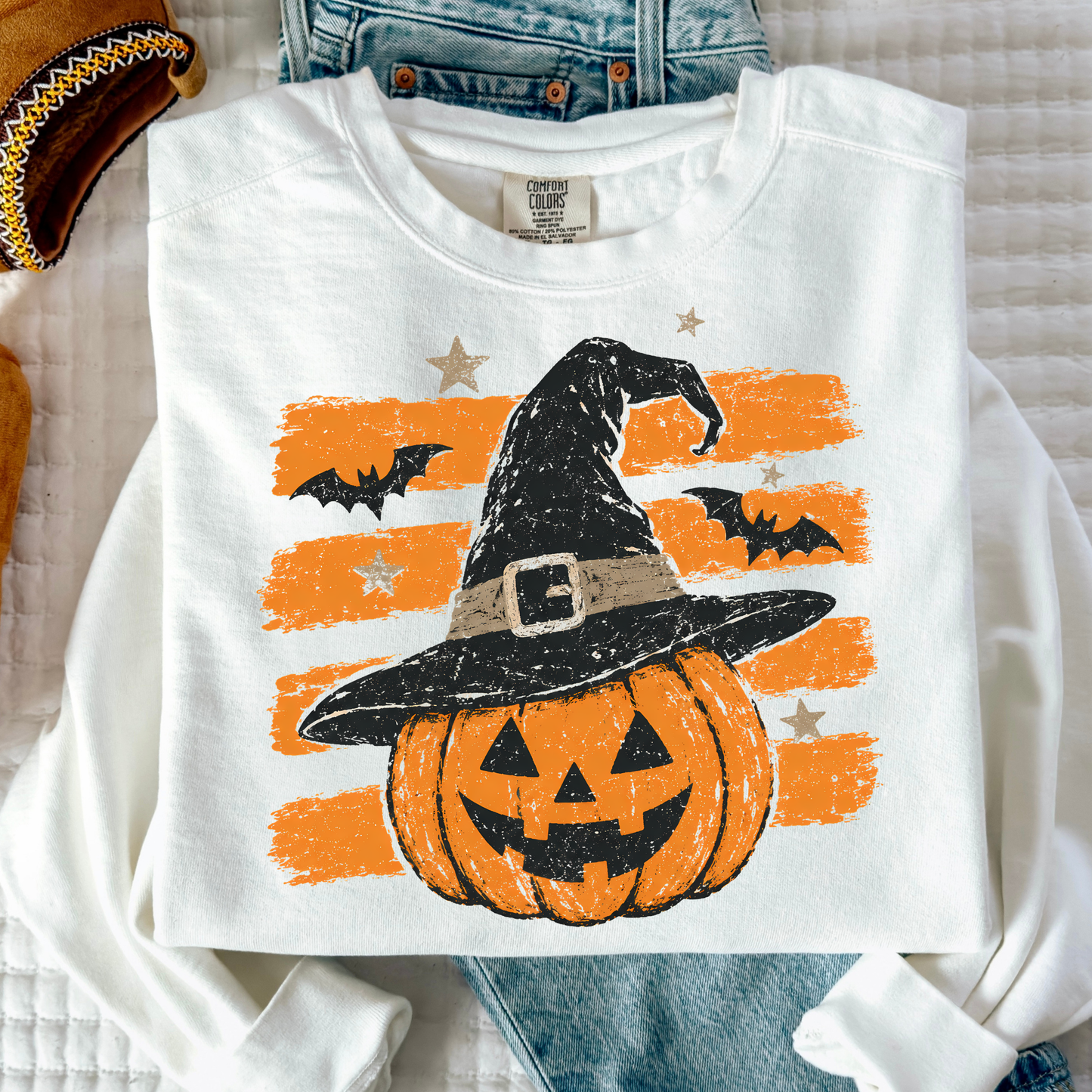 Pumpkin Wearing Witches Hat w/ Brush Stroke Stripes Full Color DTF Transfer
