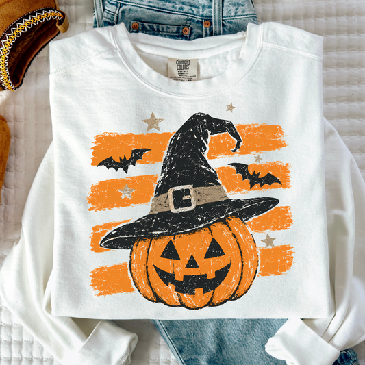 Pumpkin Wearing Witches Hat w/ Brush Stroke Stripes Full Color DTF Transfer