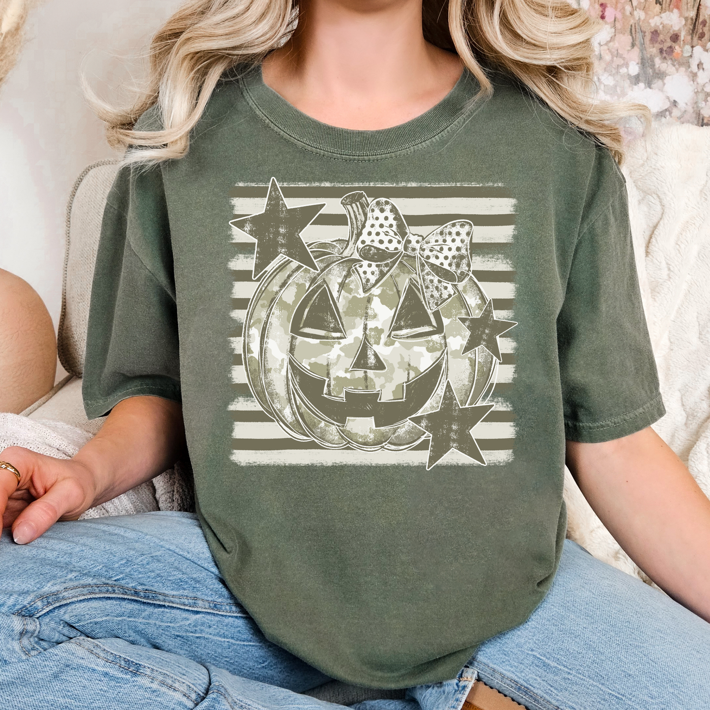 Camo Pumpkin w/Striped Background Full Color DTF Transfer