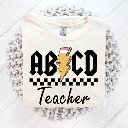 ABCD Teacher (Checkered w/Pencil Lightening Bolt) Full Color DTF Transfer