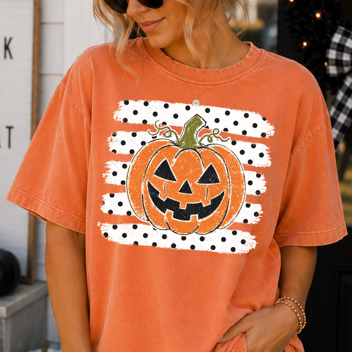 Pumpkin w/ Polka Dot Striped Background Full Color DTF Transfer