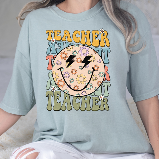 Teacher Repeat (Floral Smiley w/Lightening Bolt Eyes) Full Color DTF Transfers