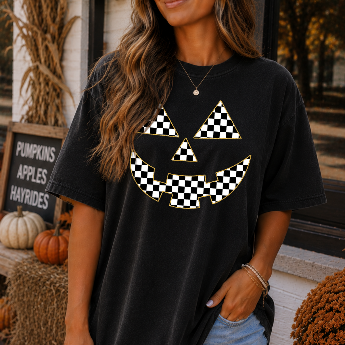 Checkered Pumpkin Face Full Color DTF Transfer