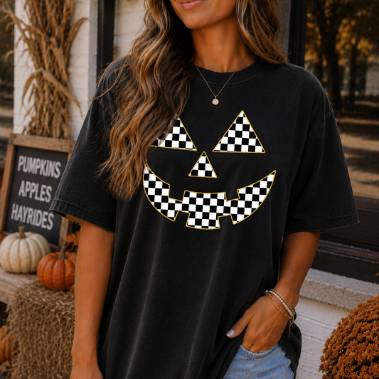 Checkered Pumpkin Face Full Color DTF Transfer