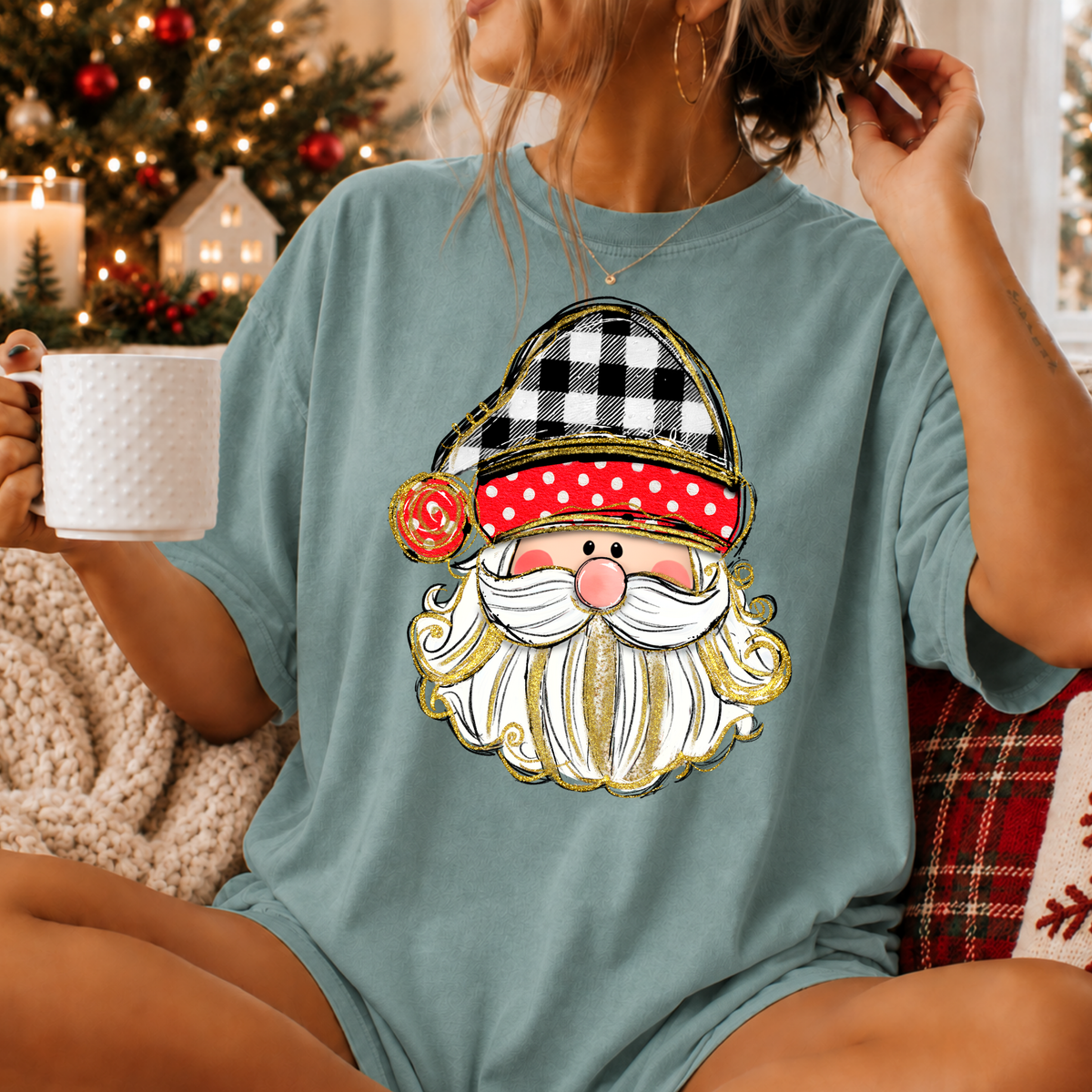 Hand Drawn Santa Checkered Hat Full Color DTF Transfer