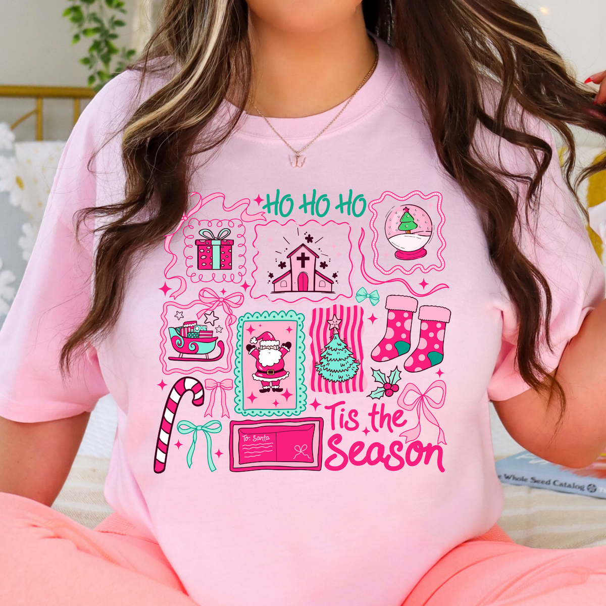 Ho Ho Ho - Tis The Season - Pink/Teal Collage Stamps Full Color DTF Transfer