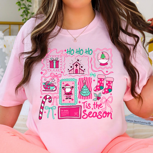 Ho Ho Ho - Tis The Season - Pink/Teal Collage Stamps Full Color DTF Transfer
