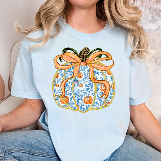 Blue Floral Pumpkin Full Color DTF Transfer