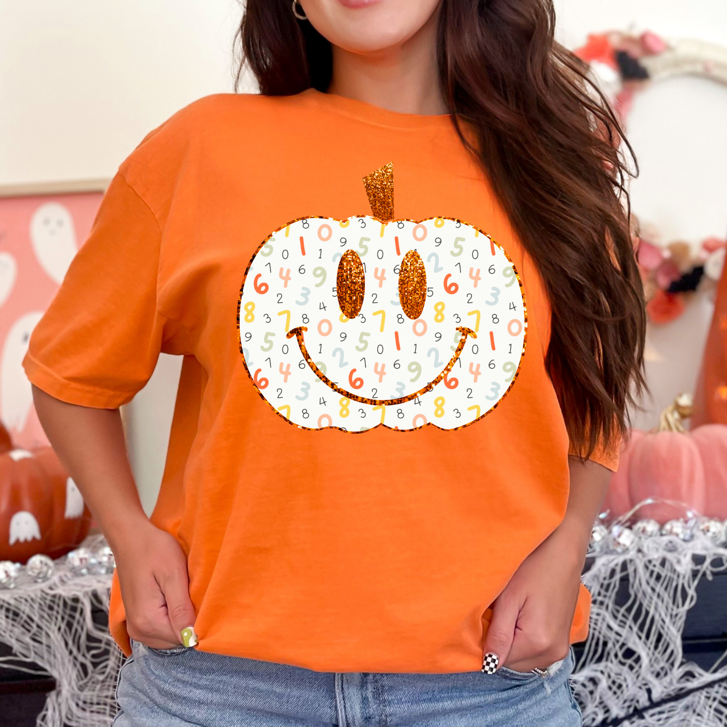 Number Faux Glitter Pumpkin Full Color DTF Transfer