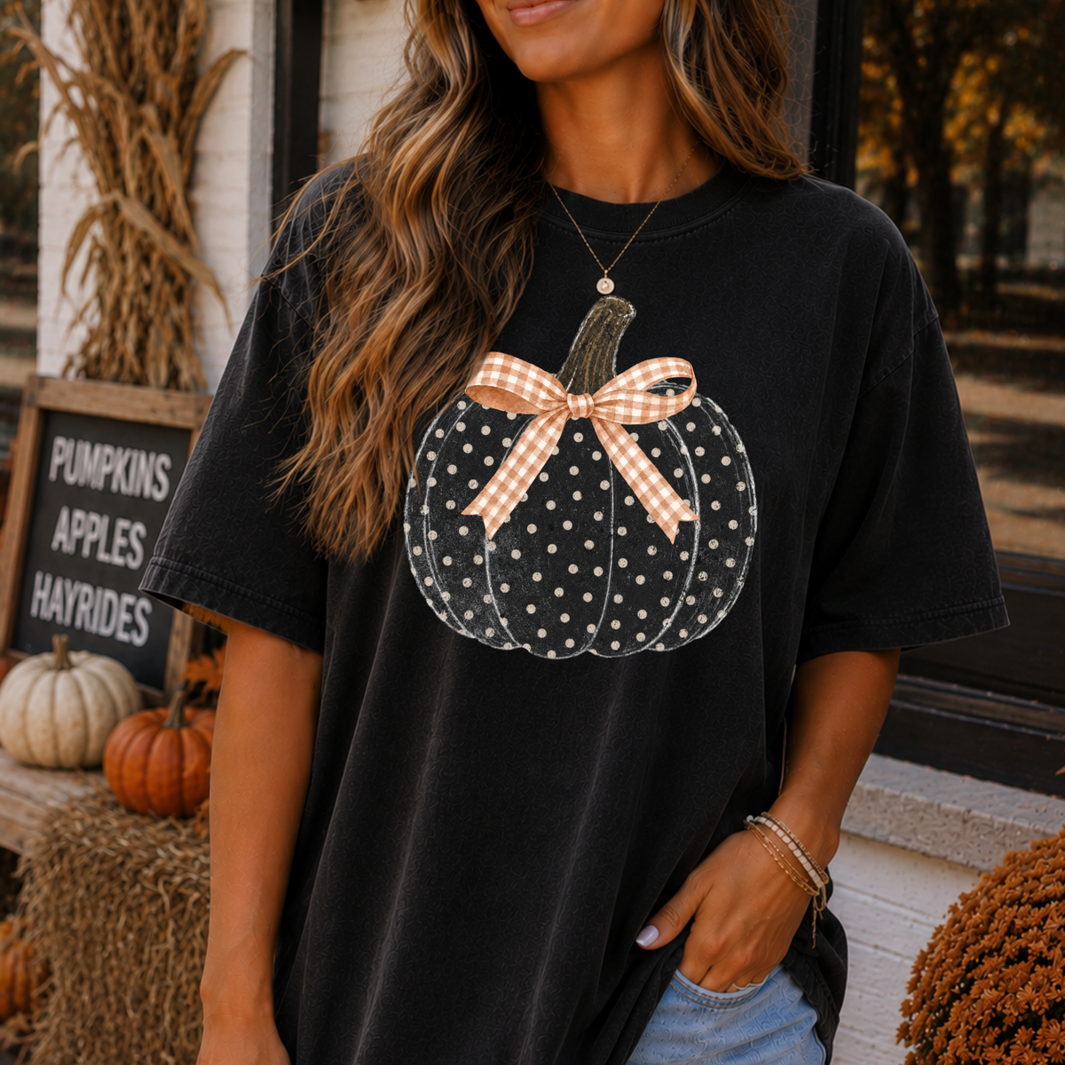 Black Polka Dot Pumpkin Full Color DTF Transfer