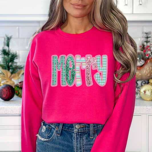 Merry (Faux Applique and Glitter) Pinks/Teals Full Color DTF Transfer