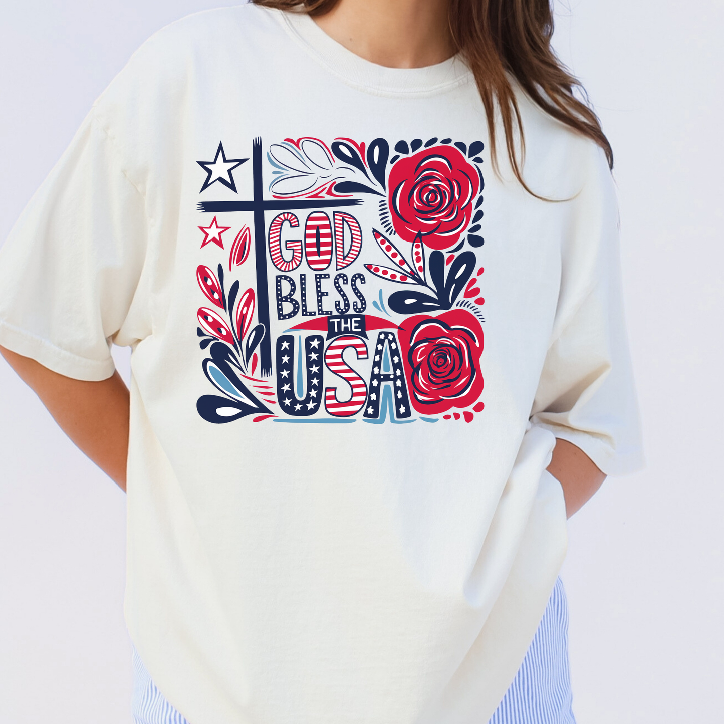 God Bless The USA Floral Full Color DTF Transfer