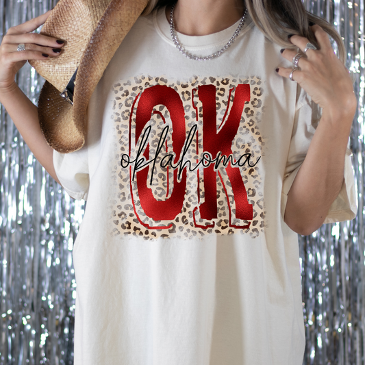 OK Oklahoma (Red w/LeopardBackground)Full Color DTF Transfer