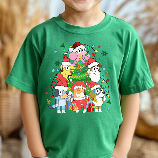 Bluey Characters Around Christmas Tree (Blue Dog) Full Color DTF Transfer