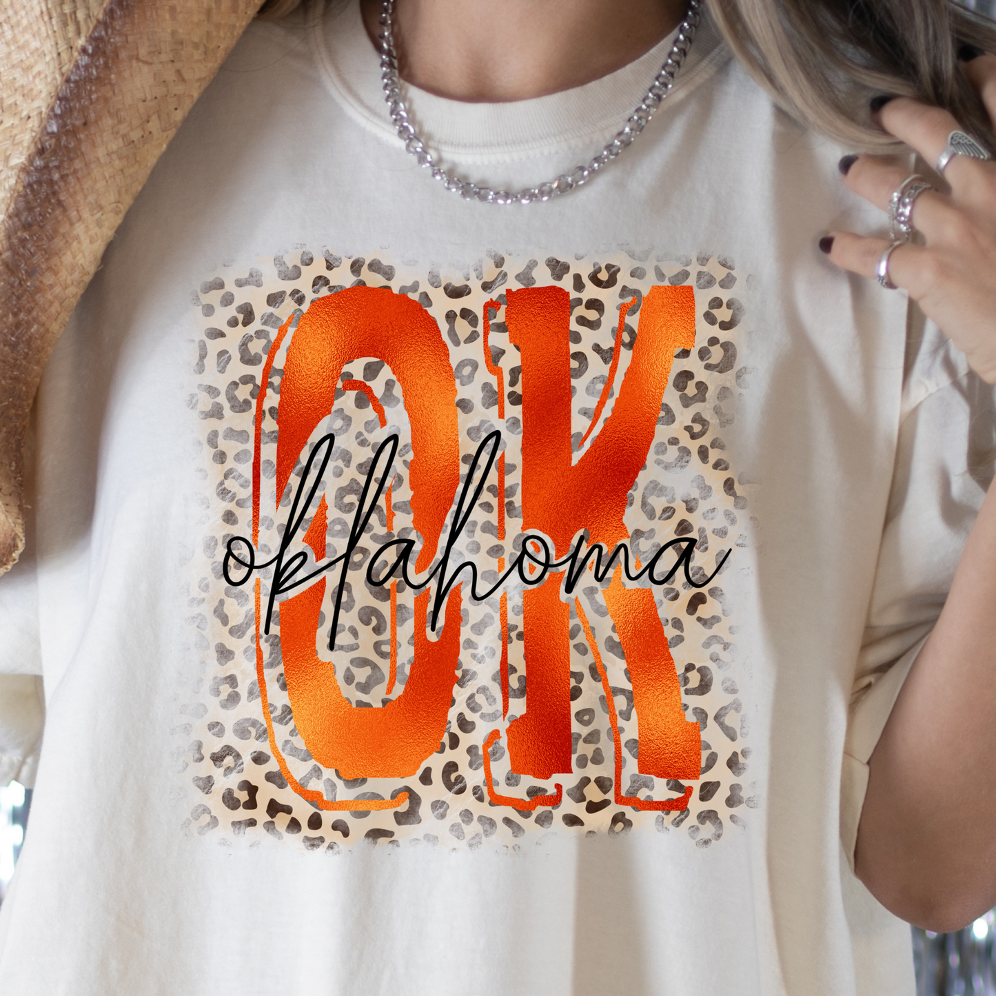 OK Oklahoma (Orange w/LeopardBackground)Full Color DTF Transfer