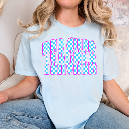 Blue Checkered Teacher Full Color DTF Transfer