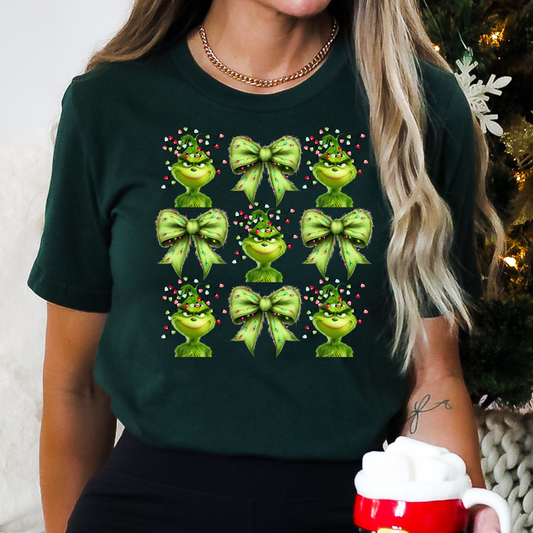 Grinch Face and Bows Grid Full Color DTF Transfer