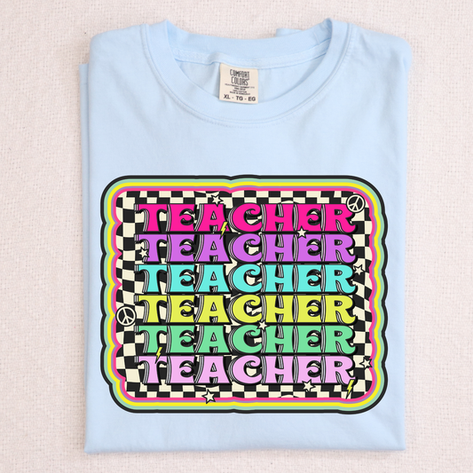 Teacher Repeat (Multi Color Checkered Background) Full Color DTF Transfer