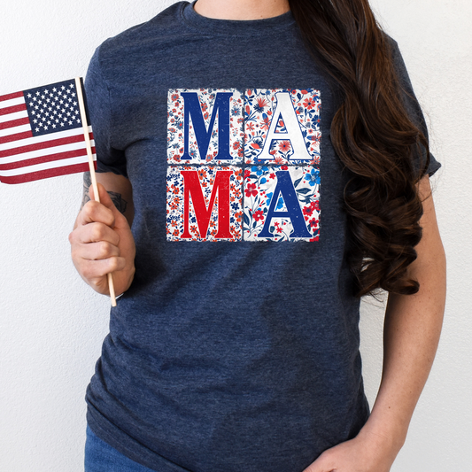 Mama (Red White and Blue Floral Square Boxes) Full Color DTF Transfer