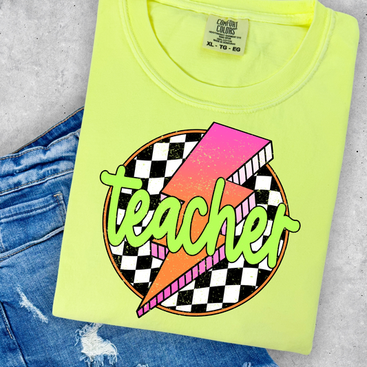 Teacher Pink-Orange Lighting Bolt Checkered Back Full Color DTF Transfer
