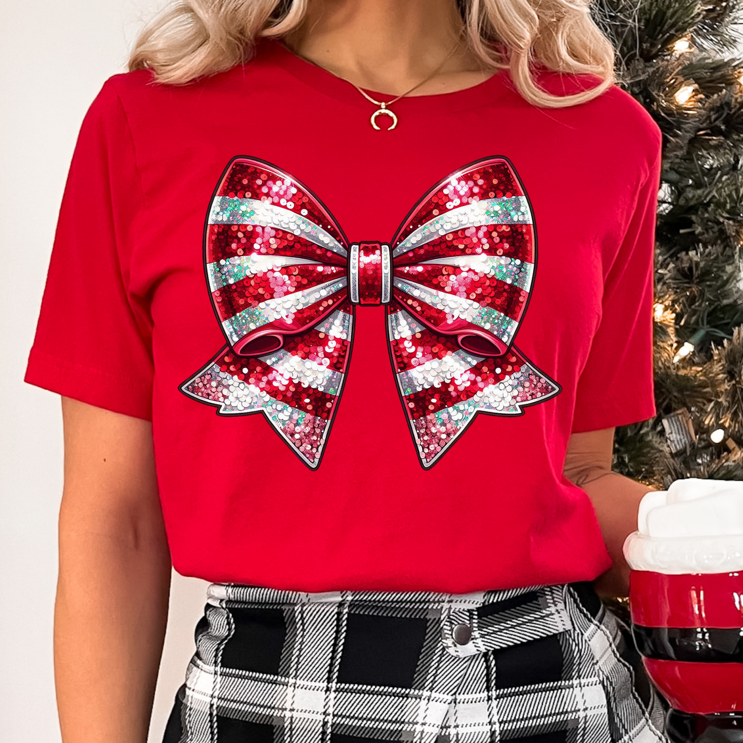 Faux Sequin Candy Cane Bow Full Color DTF Transfer