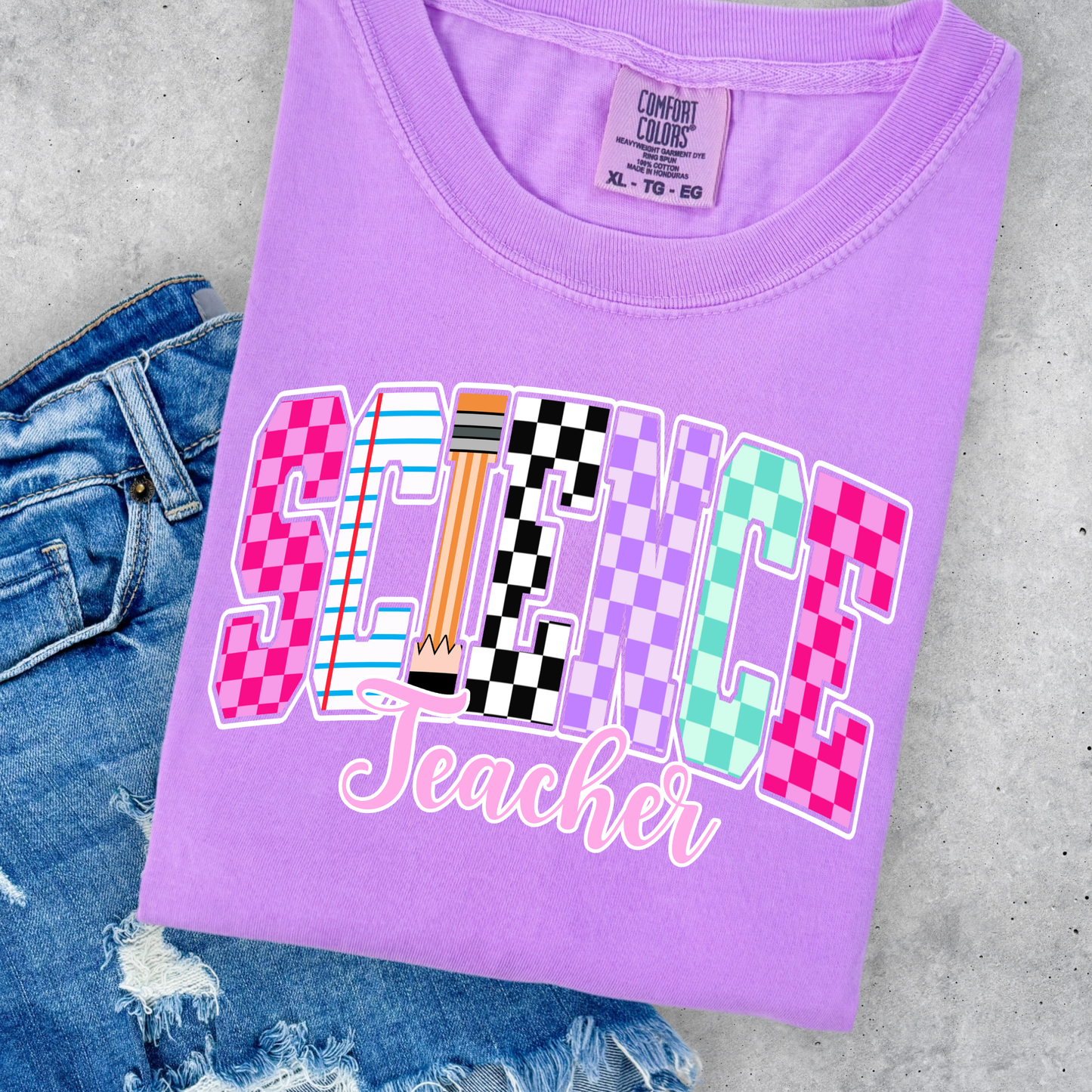 Science Teacher Multi Color Checkered w/ School Items Full Color DTF Transfer