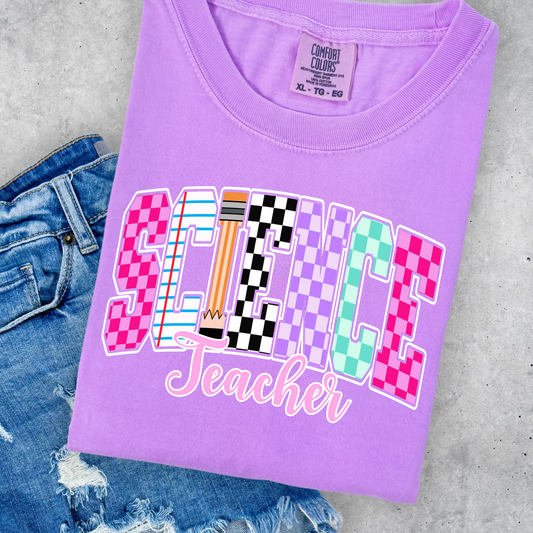 Science Teacher Multi Color Checkered w/ School Items Full Color DTF Transfer
