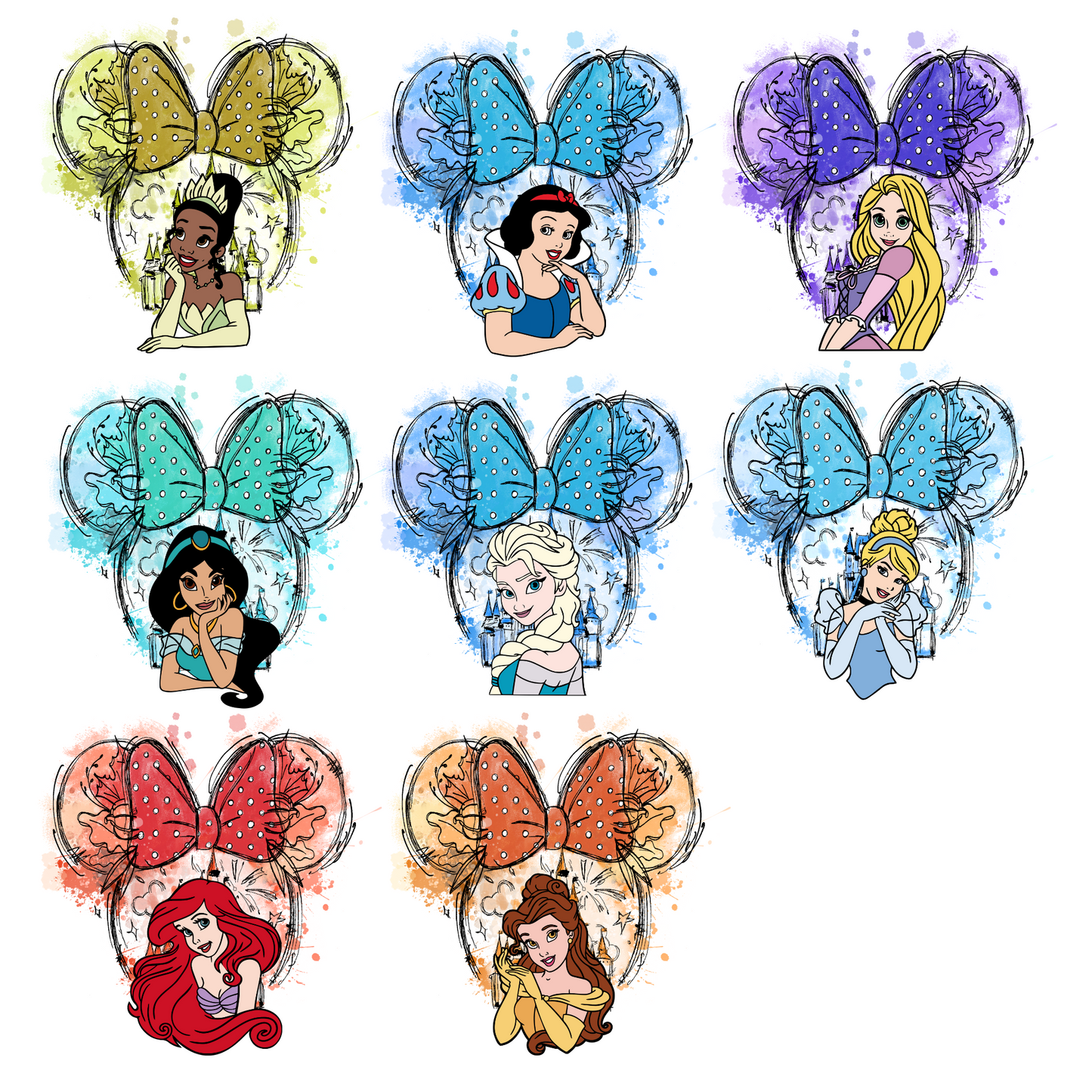 Watercolor Mouse Head Disney Princesses (MULTI OPTIONS) Full Color DTF Transfer