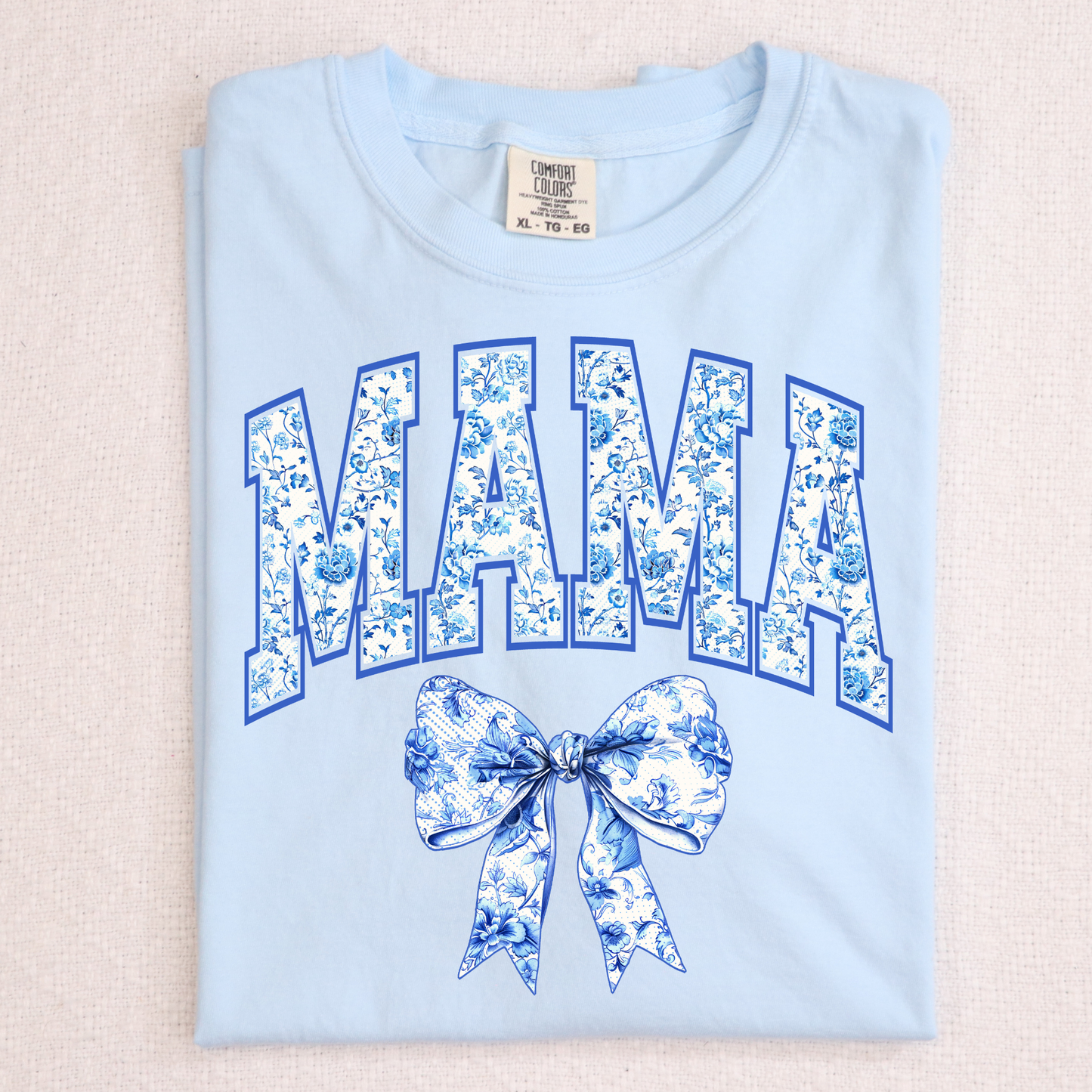 Blue Floral Mama w/Bow Full Color DTF Transfer