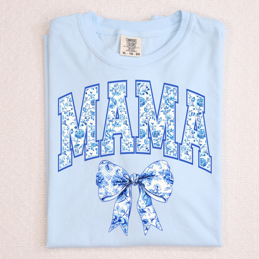 Blue Floral Mama w/Bow Full Color DTF Transfer