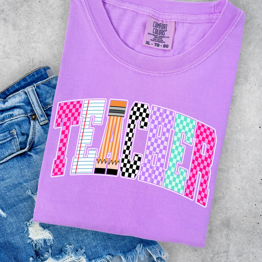 Teacher Multi Color Checkered w/ School Items Full Color DTF Transfer