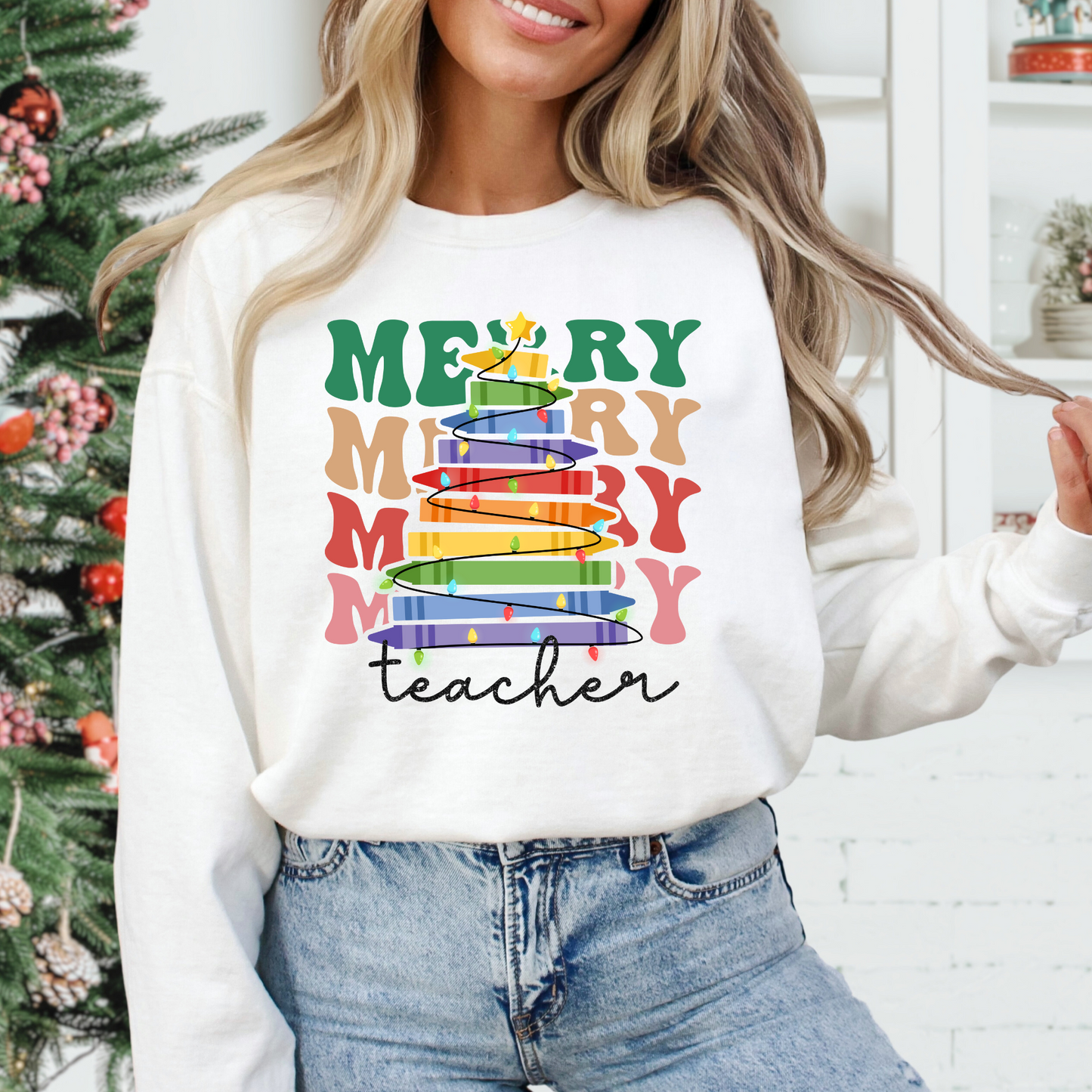 Merry (Repeat) Teacher w/ Crayon Christmas Tree Full Color DTF Transfer