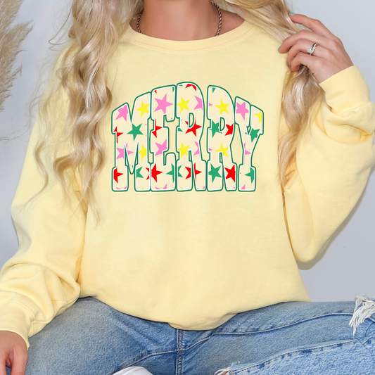 Merry (Yellow w/Stars) Full Color DTF Transfer