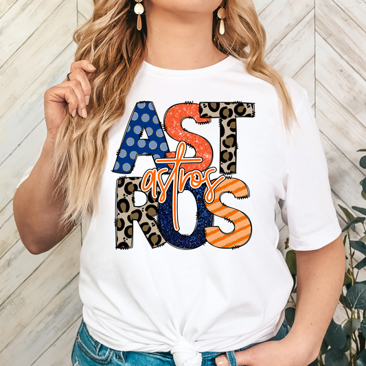 Astros Stacked Applique Style Letters Repeat Full Color DTF Transfer