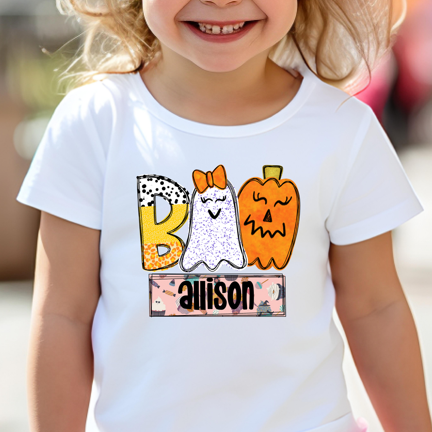 Personalized Halloween Boo (Ghost w/Bow) Full Color DTF Transfer