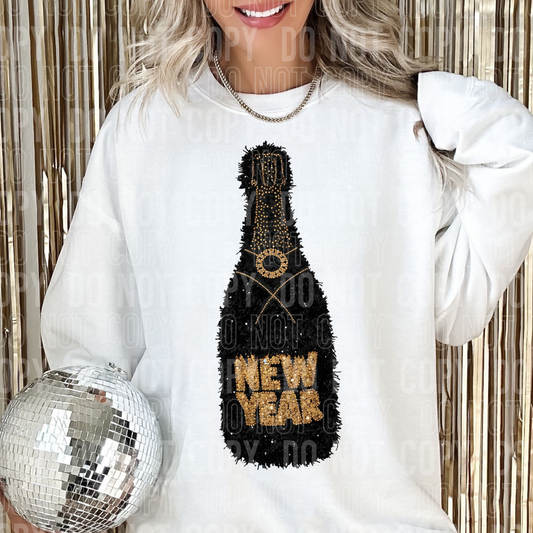 Black New Years Bottle (Faux Yarn/Sequin) Full Color DTF Transfer