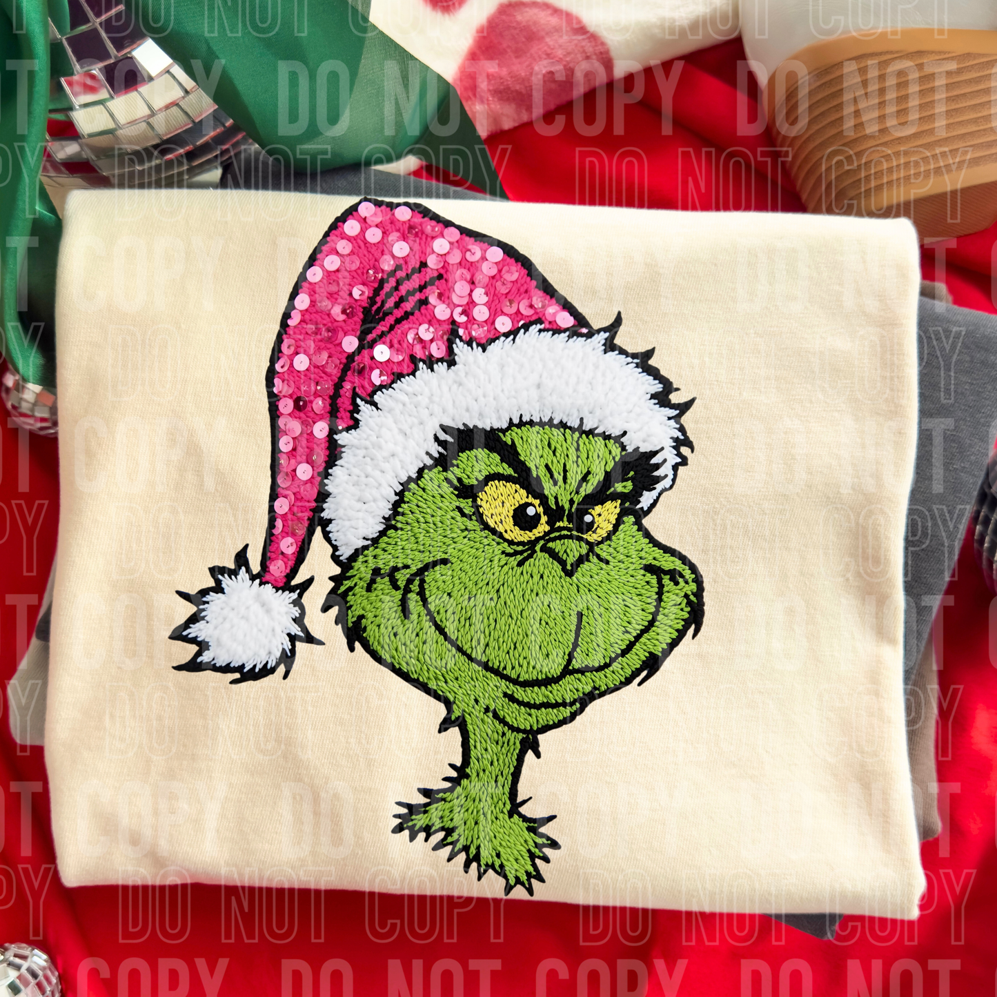 Grinch with Pink (Faux Sequin/Yarn) Hat Full Color DTF Transfer