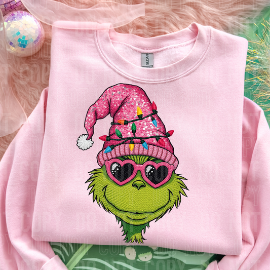 Grinch with Pink Sunglasses (Faux Sequin/Yarn) Full Color DTF Transfer