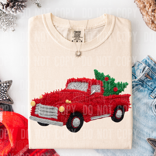 Christmas Red Truck  (Faux Yarn) Full Color DTF Transfer