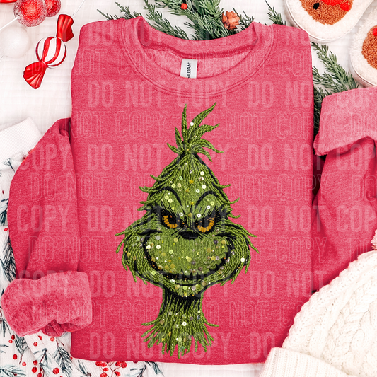 Grinch Head (Faux Yarn/Sequin) Full Color DTF Transfer