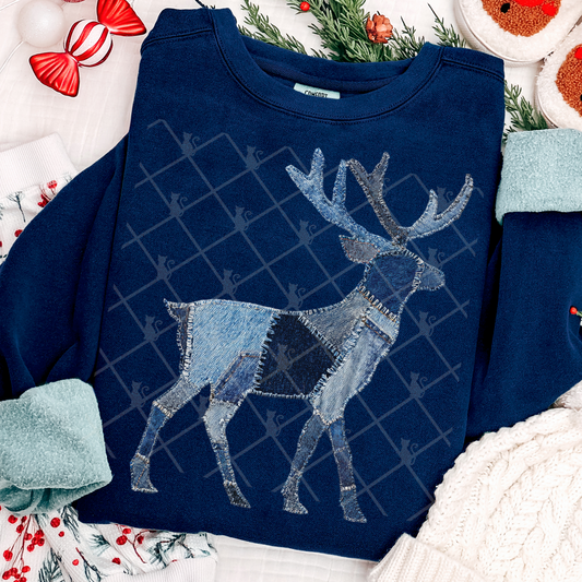 Reindeer Patchwork (Faux Denim) Full Color DTF Transfer