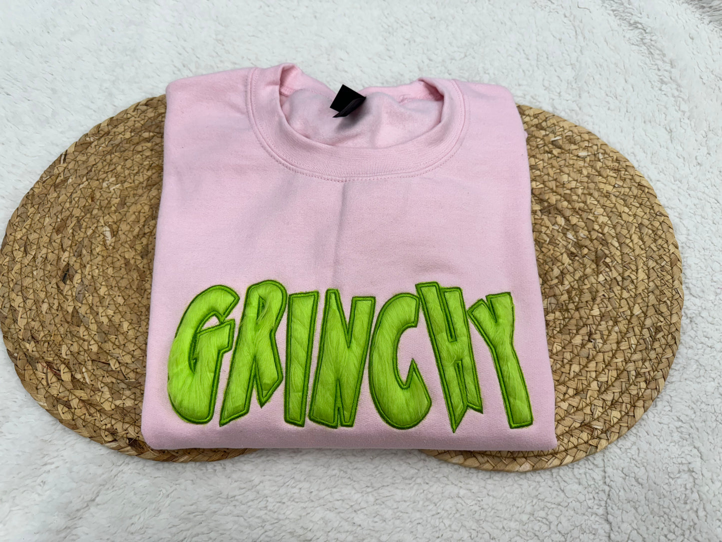 Grinchy Faux Fur Applique Embroidered Sweatshirt/T-Shirt